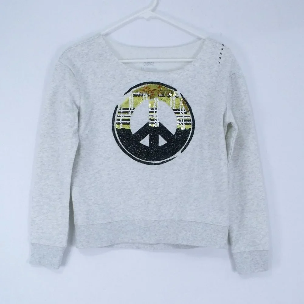Justice Sequin Peace Sign Boat Neck Top Sweatshirt